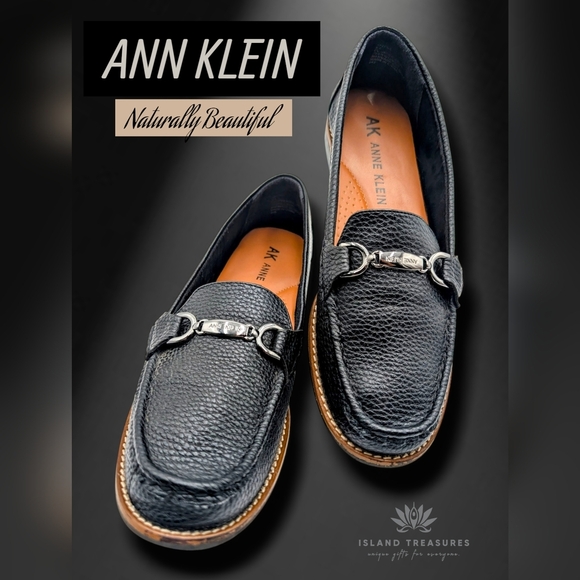 ANNE KLEIN Nina Black Flat Slip On Loafers Pebbled Faux Leather Size 9.5 - Picture 1 of 17